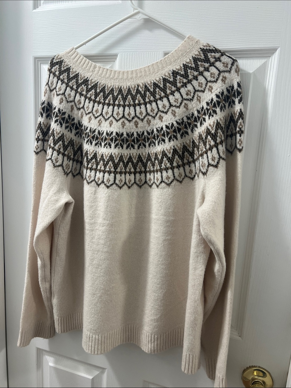 croft & barrow Cream Nordic Yoke Crew Sweater with Black and Brown Pattern